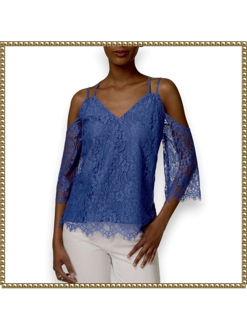 Bar III Blue Lace Cold Shoulder Long Sleeve Top Medium
